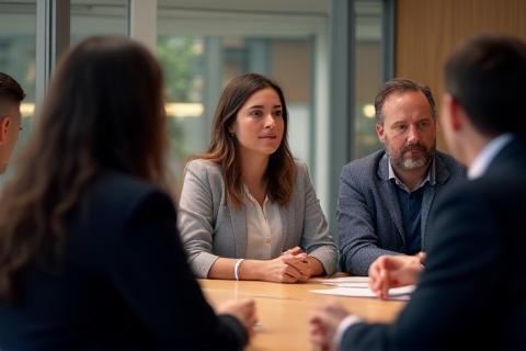 Team of diverse web professionals in a bright, modern office, engaged in a collaborative meeting.