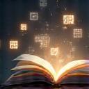 Open book with digital icons floating above it, representing a library of digital resources.